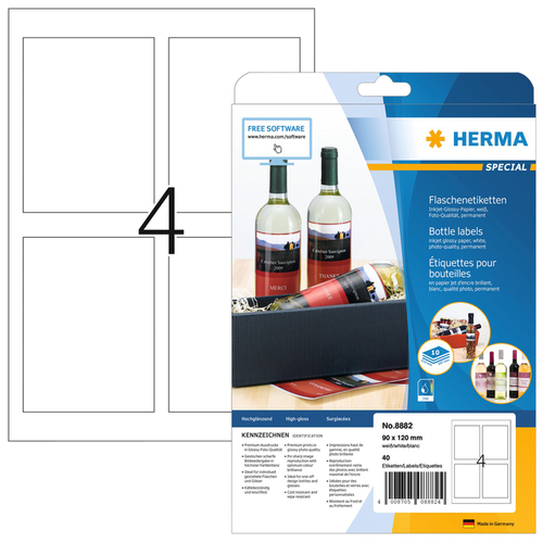 Meter kans kaas Etiket Herma Flessen 8882 90X120MM A4 Glossy Wit 40Stuks | Kantoorartikel |  1388790 | Bruna